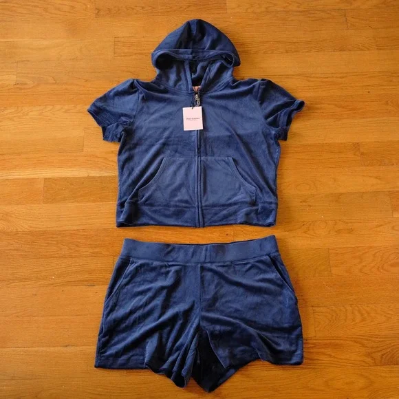Juicy Couture Velour Tracksuit Set Womens Navy Blue Rhinestone Y2K Large - Picture 1 of 11